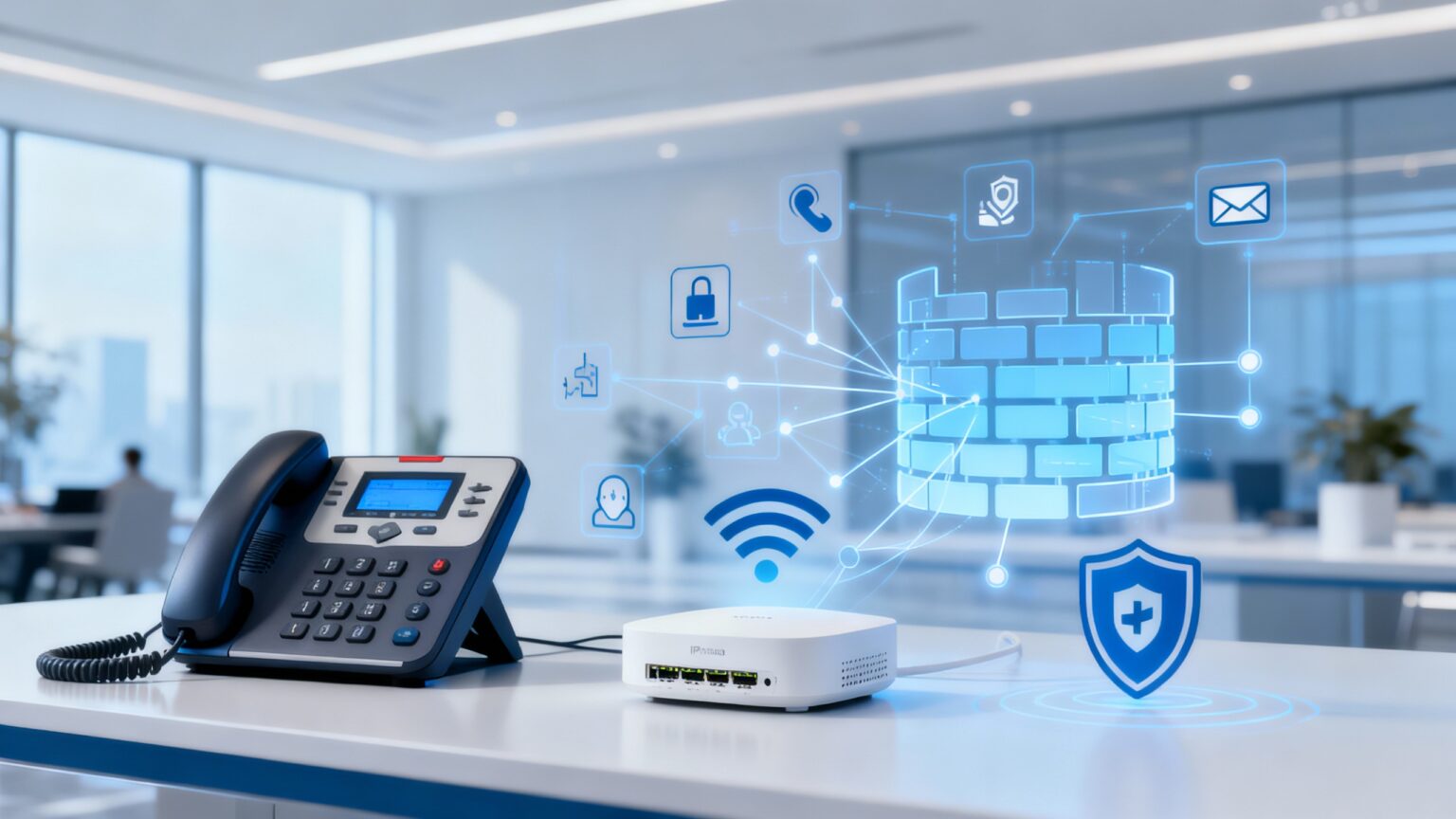 Teléfono IP de centralita virtual, cortafuegos Ubiquiti, wifi y ciberseguridad sobre una mesa de oficina