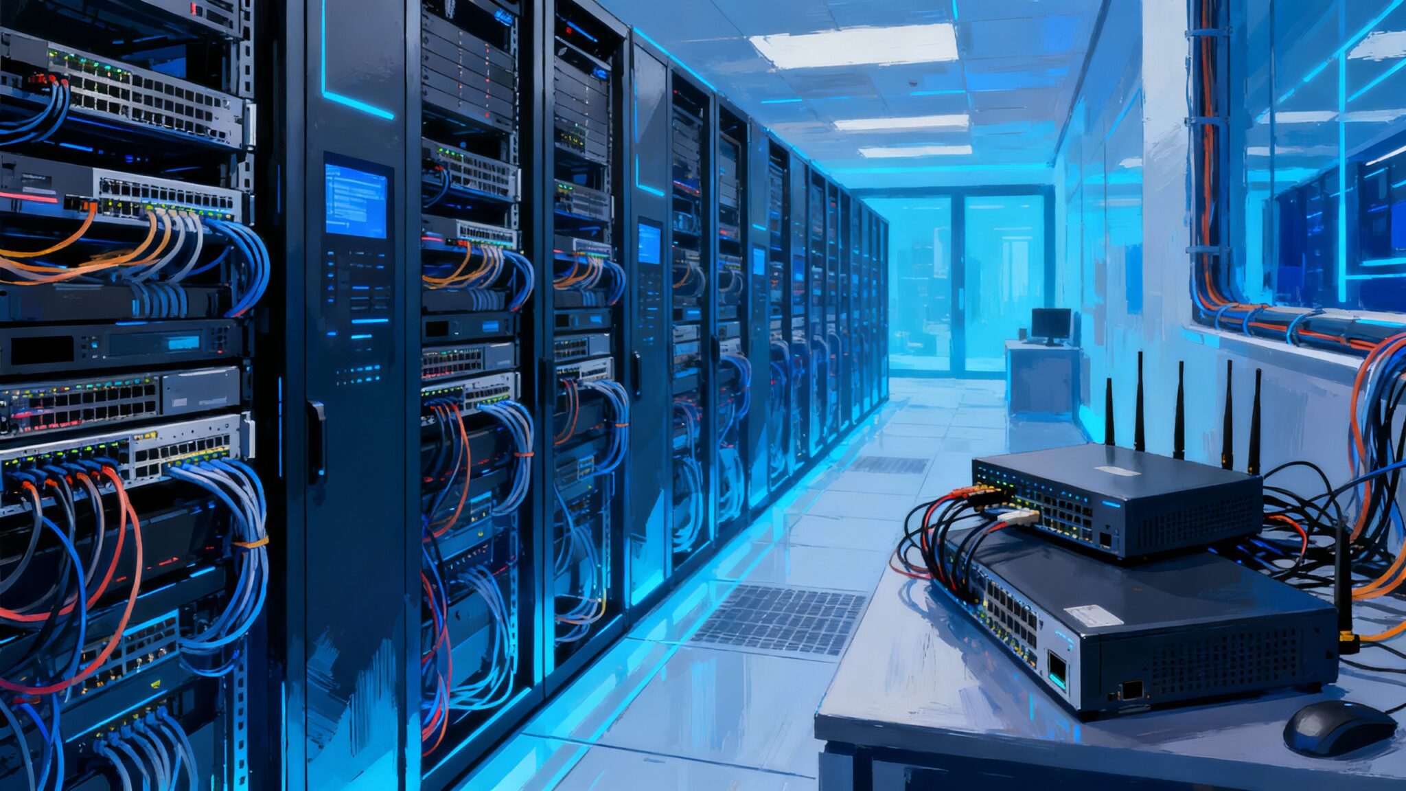 Sala de servidores con switches, cableado ordenado y equipos de red